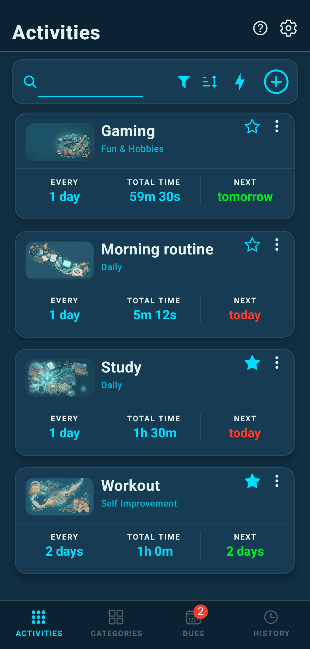 Activity Compass app screenshot showing session history and progress